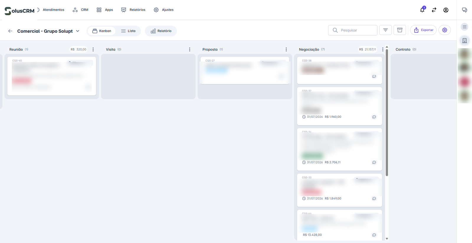 Painel do SolusCRM — funil de vendas em Kanban